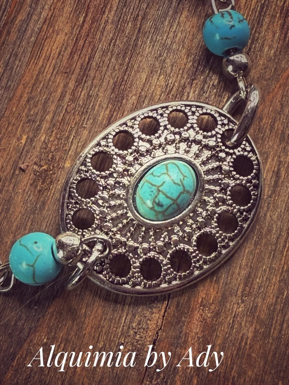 Silver Chain Bracelet with Turquoise Beads and Filigree Medallion